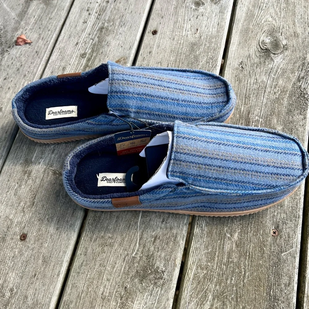 DEARFOAMS COZY COMFORT MEN’S BLUE/TAN STRIPED NOTCH CLOG SLIPPER NWT